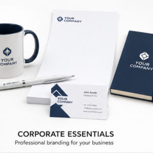 Professional business stationery including business cards, letterheads, notebooks, ID cards, welcome kits, and branded office essentials.